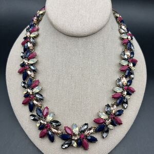 Loft Rhinestone Statement Necklace Pink Blue Gold Tone Floral Flower Look Bold